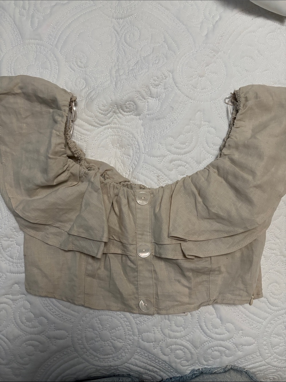 Zara Beige Off-Shoulder Ruffle Crop Top